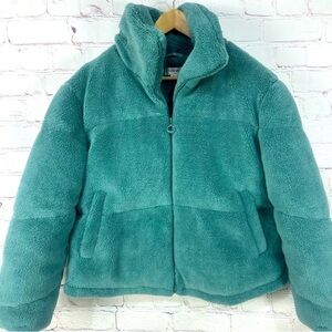 Noize women’s jacket sherpa teddy puffer coat  cropped teal blue green size XL